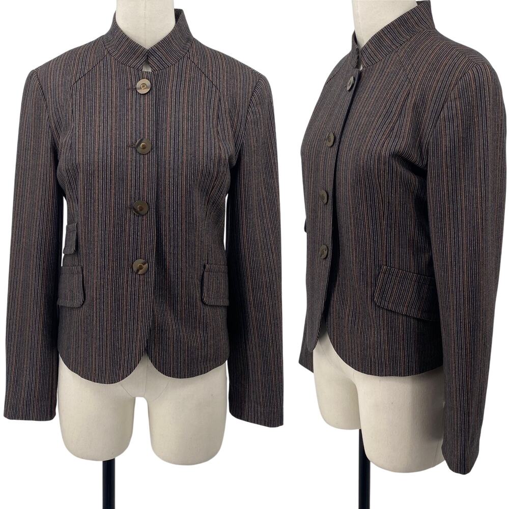 Vintage 90s Carmel Zhao Wool Blazer Single Breasted Striped Brown Womens 6